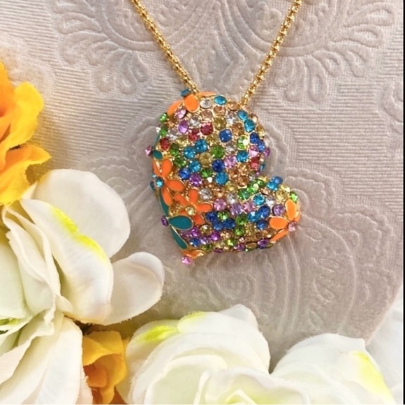 Jewelry - Enamel & Multi Gemstone Heart Pendant Necklace NEW!